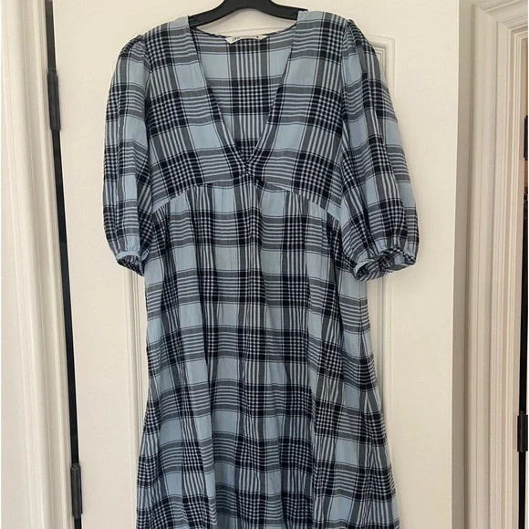 blue checkered dress zara Ladies Zara Baby Doll Style Blue Gingham Dress 3/4 Sleeve Small Beach Boho